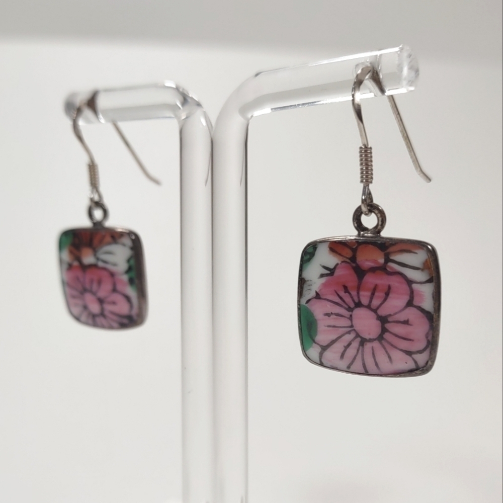Vintage Ming Dynasty Pink Floral Porcelain Sterling Silver Fishhook Earrings - Picture 2 of 8